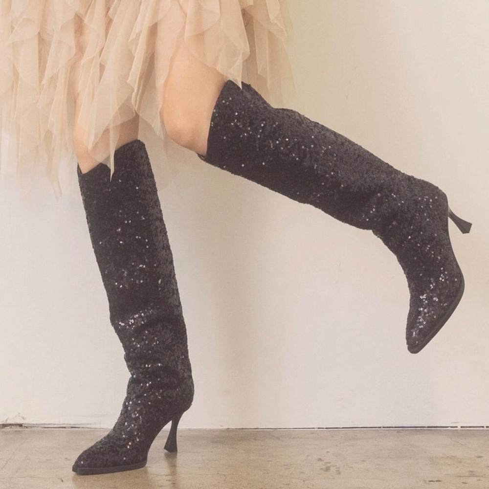 BLACK OASIS SOCIETY JEWEL KNEE HIGH SEQUIN BOOTS - Picture 9 of 15